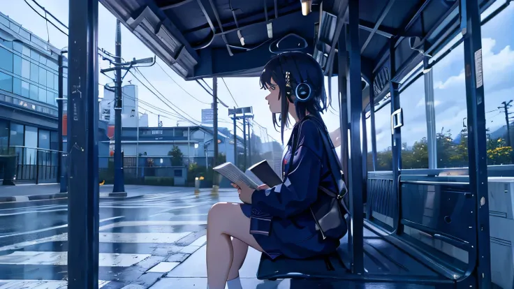 rain,1 person,Anime woman wearing headphones listening to music while waiting for the bus at a bus stop,Bus stop bench,Sitting on a bench,Reading,The overall composition is expressed in a Lo-fi art style..(Realistic and natural lighting),masterpiece,highes...
