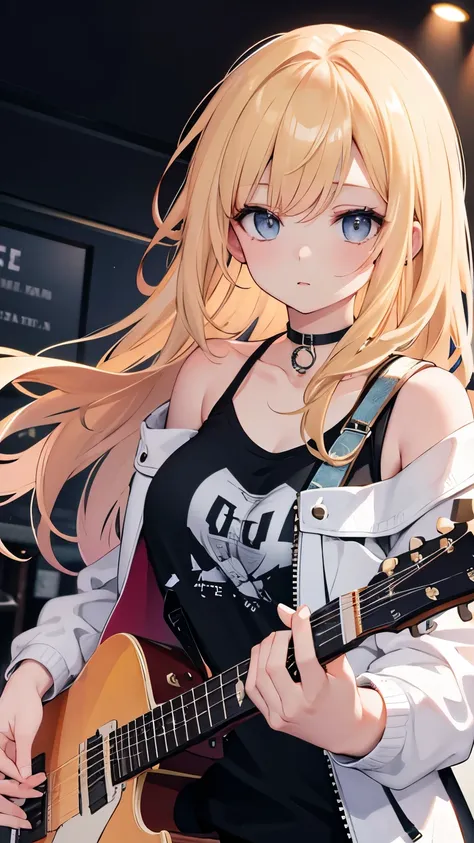 blonde hair, hair over shoulder, messy hair, masterpiece, (textured skin), best quality, gorgeous adult woman, (rock band guitar...