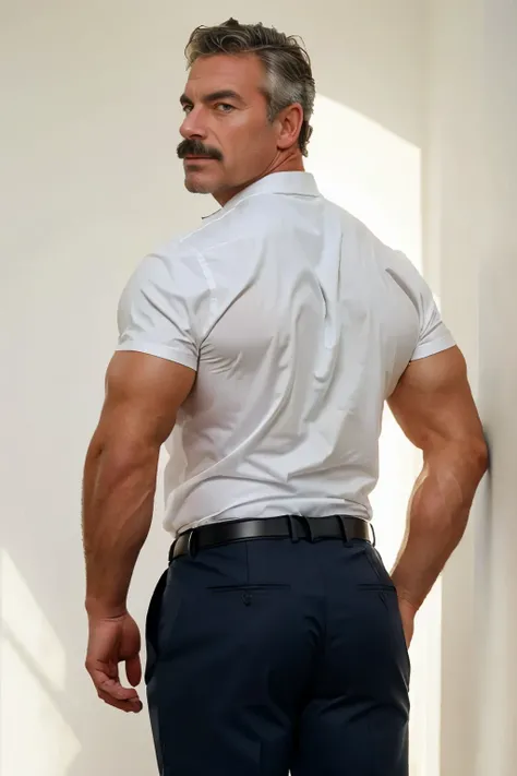 age 60, white man police detective with a mature, backside, kind demeanor, strong and muscular yet chubby build, mustache, wearing dress pants and a buttoned-open translucent shirt that reveals a hairy chest and a noticeable bulge, wearing detective badge ...