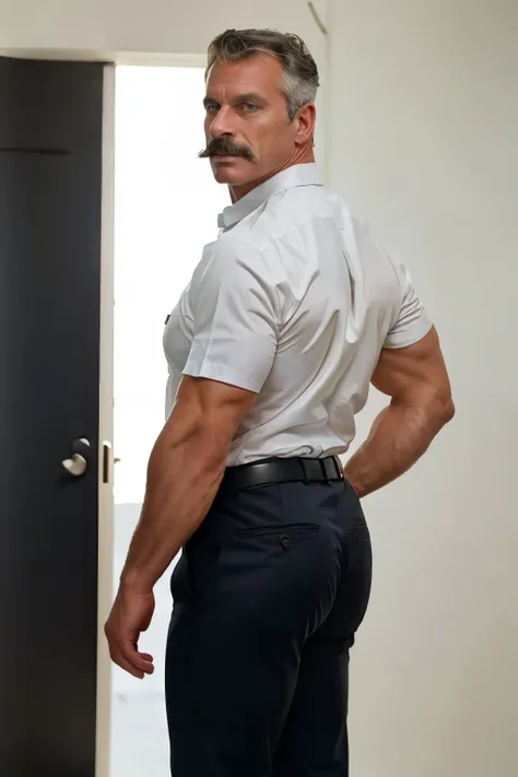 age 60, white man police detective with a mature, backside, kind demeanor, strong and muscular yet chubby build, mustache, wearing dress pants and a buttoned-open translucent shirt that reveals a hairy chest and a noticeable bulge, wearing detective badge ...
