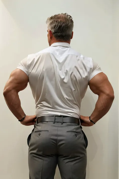 age 60, white man police detective with a mature, backside, kind demeanor, strong and muscular yet chubby build, mustache, wearing dress pants and a buttoned-open translucent shirt that reveals a hairy chest and a noticeable bulge, wearing detective badge ...