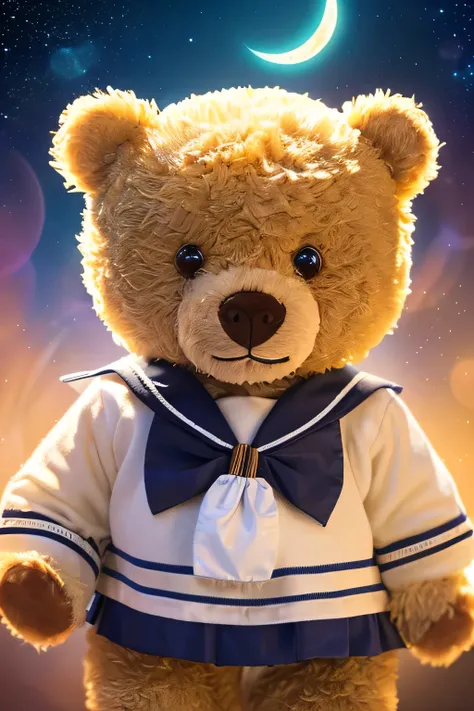 style, Vibrant colors, Dreamy atmosphere,Star and moon motif,Layer Composition, Intricate details, Glittering background in space,(Brown Bear, Teddy bear,  Anthropomorphic bear, fluffy,Lonely，Big and cute eyes,Wearing a sailor uniform,highest quality,Very ...