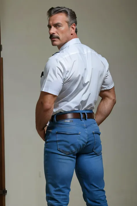 age 60, white man police detective with a mature, full body backside, kind demeanor, strong and muscular yet chubby build, mustache, wearing dress pants and a buttoned-open translucent shirt that reveals a hairy chest and a noticeable bulge, wearing detect...