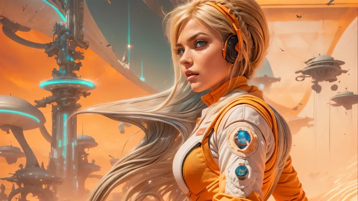 arafed image of a white woman in a futuristic suit with a spaceship in the background, movie art, in front of an orange background, inspired by Robert McGinnis, female protagonist, megastructure in the background, portrait of an ai astronaut, astronauts, a...