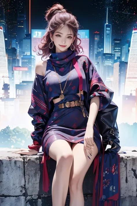 highest quality, Very detailed, masterpiece, 1 person,woman,(((完璧なwomanの体))),Very beautiful face, Very beautiful body,Gentle expression, Very beautiful eyes,(Perfect Makeup:1.1),Fashion Model,Cyberpunk Fashion,Curly Hair,Shaggy Hair,Reddish purple and whit...