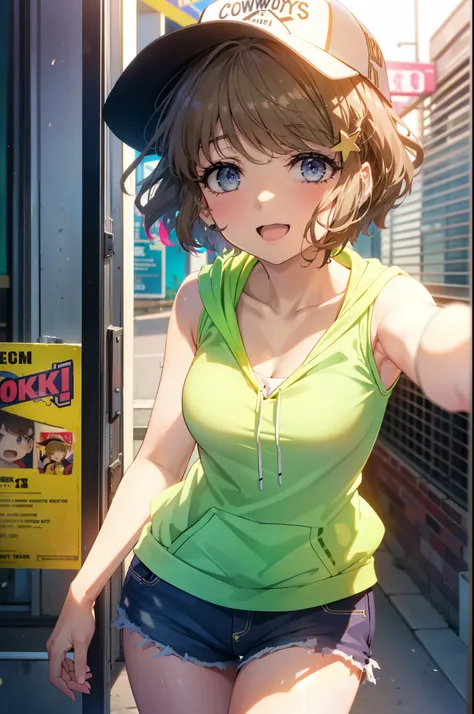 tomoekoga, Chie Koga, short hair, Brown Hair, blue eyes, happy smile, smile, Open your mouth,Baseball hats,Tank top shirt,Yellow hoodie　There&#39;s space in front,Short sleeve,Shorts,Black Knee High,White high top sneakers,True Summer,Daytime,whole bodyがイラ...