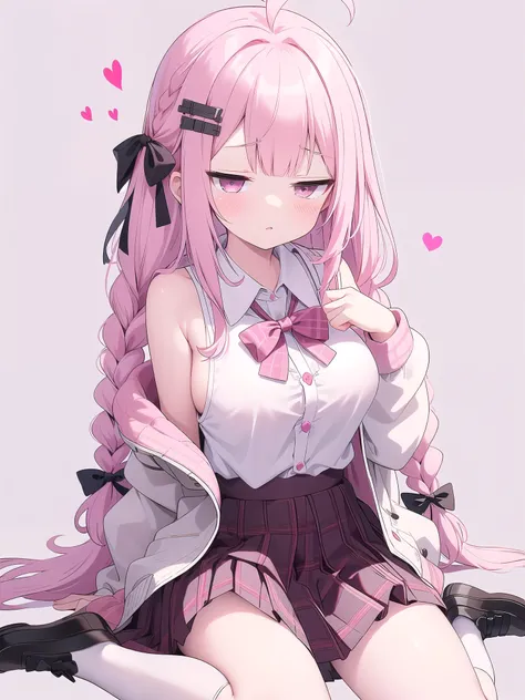 Legs spread, shoulders exposed, side boob, side boob, large breasts,High Resolution 1girl Ahoge Bobby_pin bow bowtie braid brOwn_目s collared_shirt dojikko_Temporarily stop_shirt frilled_shirt_Color Free Joint_skirt frills hair_bow hair_ornament hairpin han...