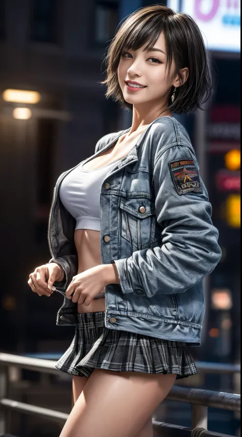Side angle、smile、Cowboy Shot、Ripped print T-shirt、City of night、((Emoガール))、((Emo))、bad woman、Black with short shaggy hair、Gradient Hair、(Black double rider jacket)、((Black and gray plaid miniskirt))、Big Breasts、In the background is the High Sokotl Cycle)))...