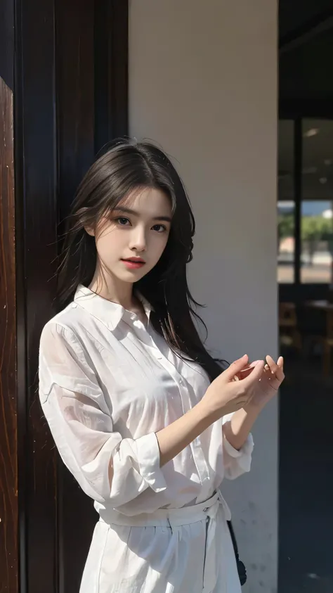 A perfect young female white-collar worker，Chinese，High picture quality，Works of masters，Black hair，Long hair flowing over the shoulders，Blured background，outside, deep shadow, Real Human，CG rendering，16k，Stand up，Empty interior，Do not show your hands，Clos...