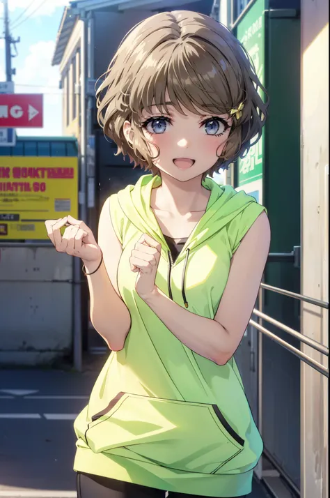 tomoekoga, Chie Koga, short hair, Brown Hair, blue eyes, happy smile, smile, Open your mouth,Baseball hats,Tank top shirt,Yellow hoodie　There&#39;s space in front,Short sleeve,Shorts,Black Knee High,White high top sneakers,True Summer,Daytime,whole bodyがイラ...