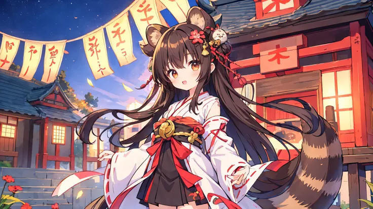 Very cute girl、18-year-old、Black Hair、Shrine maiden costume、Brown Hair、Long Hair、Round raccoon ears