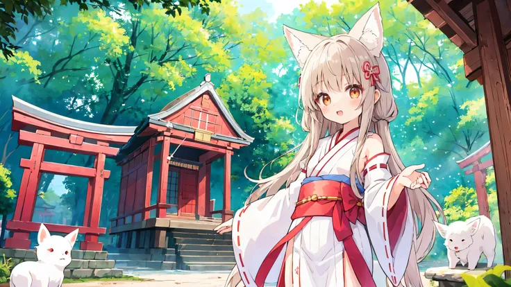 Very cute girl、18-year-old、（White Hair）、Shrine maiden costume、Brown Hair、Long Hair、Small white fox ears