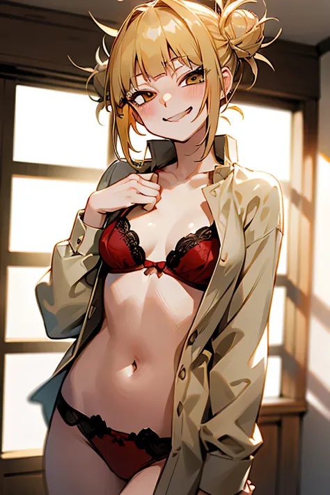 masterpiece, highest quality, highest quality, Super detailed, alone, Detailed face, Himiko toga, , Blonde, Smiling with teeth showing, Anime Style、Laughter, Seductive posture, Medium chest, Cowboy Shot, Are standing, Blurred background, Undressing, Change...