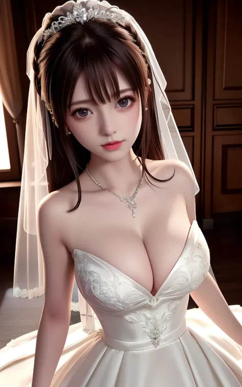 最high quality, masterpiece, High resolution, （a very young child）,Wedding dress,((((脱ぎかけのWedding dress))))、((Cleavage fully exposed))、hair ornaments,necklace, jewelry,Beautiful Face,On top of that_body, Tyndall effect,Realistic, Dark Studio, Rim Light, Two...