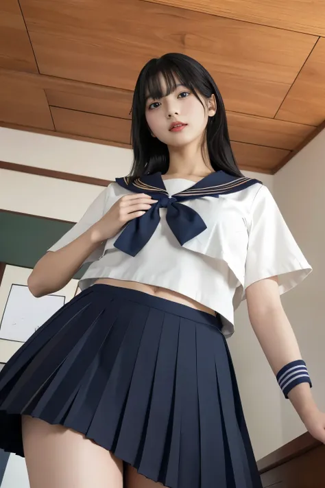 Masterpiece、highest quality、Woman 1、Super detailed、View looking up from directly below Black Hair Japanese school girl uniform、Sailor suit、Pleated skirt Muscular belly、Large Breasts、under boob、Underboob、Chest seen from below Sailor suitを真下から覗く ceiling