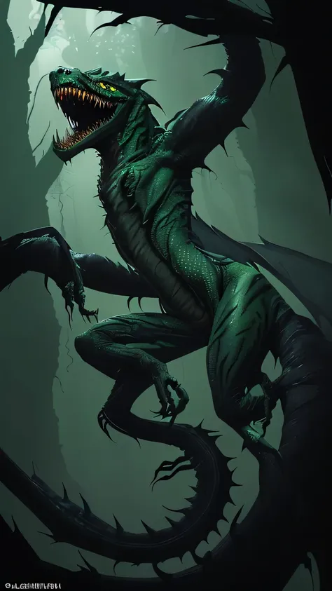  a monstrous creature with long, twisted limbs, each ending in sharp claws? Its skin is a patchwork of scales and fur, and its eyes glow an eerie shade of green in the darkness. Jagged teeth line its gaping maw, and its breath leaves a trail of mist as it ...