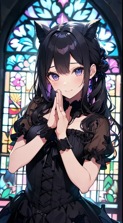 (masterpiece), (highest quality), (Super detailed), beautiful, (Cathedral), (girl１name),, girl, Long Hair, (Wavy Hair:1.5), Shiny Hair, Black Hair, , 深紅のbeautiful瞳，Girl in a black dress,ribbon,Race,(Gothic print:1.5),Iridescent stained glass，Place your han...