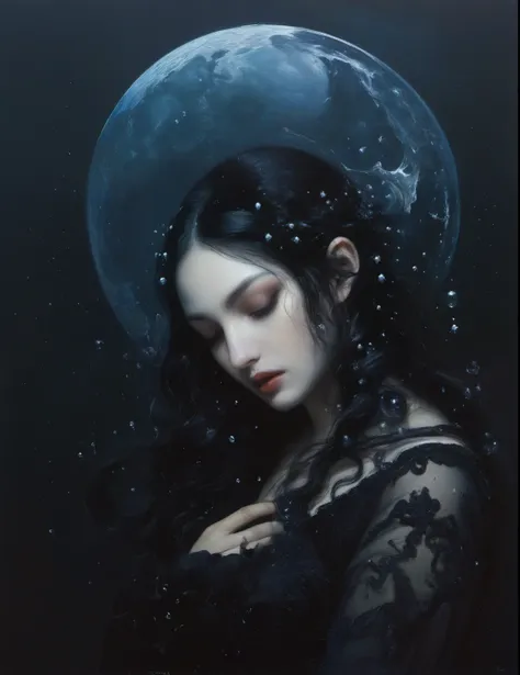 James Gurney, Surrealist art , dream-like, Mysterious, Provocative, symbolic, Complex, detailed,, (Gothic but very beautiful:1.4), (masterpiece, highest quality:1.4) , Nicola Samori Style, The moon kissed the siren , Water bubbles、Drops of the Moon
