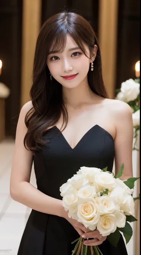 Tabletop, highest quality, shape, Very detailed, In detail, High resolution, 8k wallpaper, Perfect dynamic composition, Beautiful details, Black Tuxedo,Medium Hair, Center of chest, Natural color lip, Random sexy poses,smile,Chapel，Bouquet of white roses，