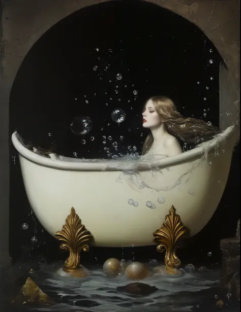 James Gurney, Surrealist art , dream-like, Mysterious, Provocative, symbolic, Complex, detailed,, (Gothic but very beautiful:1.4), (masterpiece, highest quality:1.4) , Nicola Samori Style, Moonshine bath、Beautiful Mermaid、Water bubbles、pearl
