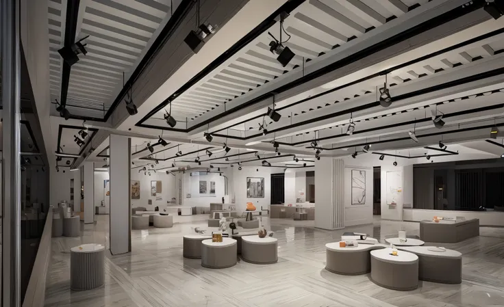 Art exhibitions，large exhibition hall with white walls and black metal beams, the ceiling is painted in a gray, several spotlights, round tables made of concrete stand various objects, paintings, minimalism and avant-garde fashion,clear light, Side lightin...