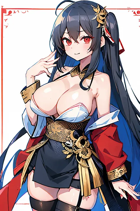 taiho, Taihou, taihou(azur lane), beautiful girl, 1girl, solo, long hair, cleavage, large breasts, off shoulder, strapless, miniskirt, black tights, garter belt, smirk,