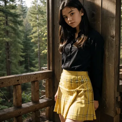 16 years old short skinny girl, tucked shirt, yellow flanel long skirt, long sleeves, black hair, in a forest cabin, leaning against the wall