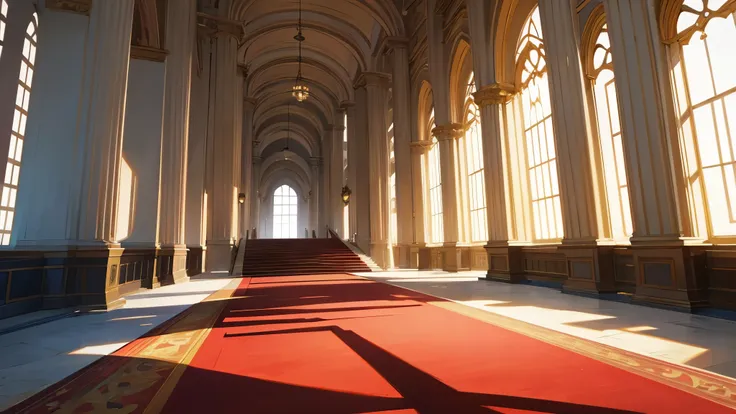 front view of an anime castle main hall with a red carpet leading to two staircases, no people