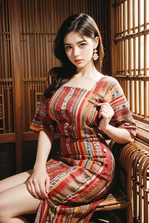 Beautiful woman wearing a retro 90s dress, Background with ancient patterns, model pose, rattan props,