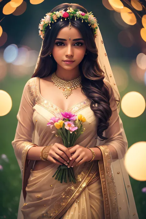 most beautiful in the world, fair, girl, wearing see through cloth, with beautiful flower garland, 8k ultra defination, surrounded by flowers, bokeh, animated lighting