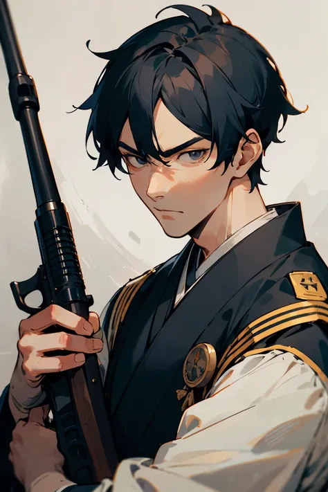 a Japanese man with a handsome face dressed as a soldier, lots of badges on his clothes, he is a commander. his expression is firm, cold and intimidating, in his hand is a black rifle, his background is on the wall of an ancient house 