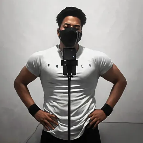 arafy man in white shirt with black mask and microphone, rapping into microphone, sitting in front of a microphone, photo from a promo shoot, by Byron Galvez, with head phones, one single mask, vocalist, vocal, foreground background, full body picture, in ...