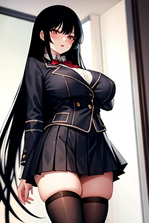 tall　Black Hair　Straight Long Hair　Black school uniform　Slanted Eyes　Big Breasts　black tights　mini skirt　whole body　blazer　Inner color red