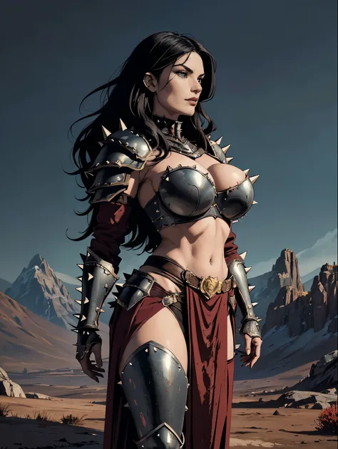 (masterpiece, top quality, best quality, official art, beautiful and aesthetic:1.2), (1girl:1.3), ((Sharp facial features, sharp features, hawkish features)), ((big hair, long black hair)), big tiddy chaos warrior girl, extremely detailed, portrait, lookin...