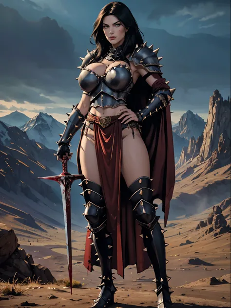 (masterpiece, top quality, best quality, official art, beautiful and aesthetic:1.2), (1girl:1.3), ((Sharp facial features, sharp features, hawkish features)), ((big hair, long black hair)), big tiddy chaos warrior girl, extremely detailed, portrait, lookin...