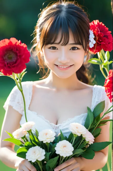 若い頃はアイドルのようにvery cuteかった50歳の女性,very cute、Smiling Kindly、Cleavage、Mother’s Day、Bouquet of carnations、Natural light、Accurate、Anatomically correct、Textured skin、Super Detail、 Attention to detail、highest quality、High resolution、Real、realism、Raw photo、Genuine、m...