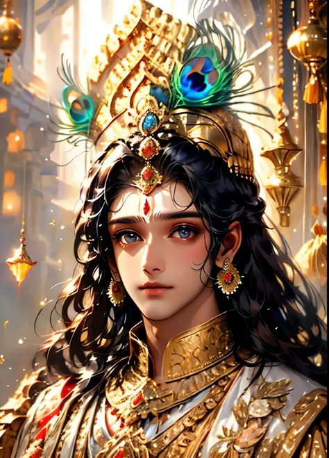 this is a dreamy and ethereal image. lord krishna with beautifully detailed and realistic eyes. include ink drips, peacock feath...