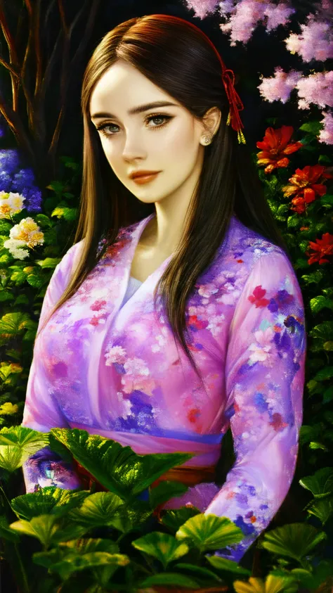 (5 words) detailed eyes, detailed lips, girl in a garden, oil painting, vibrant colors, soft lighting.