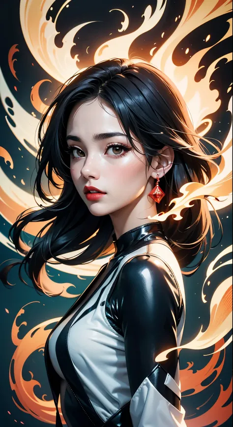 masterpiece, best quality, ultra high res, beautiful, elegant, graceful, award-winning art, 1girl , portrait, (style of Yuko Shimizu:1.1), (abstract art:1.2), red lips, silent in chaoodel pose in fashion show, style of rebecca guay, black hair, red fire , ...