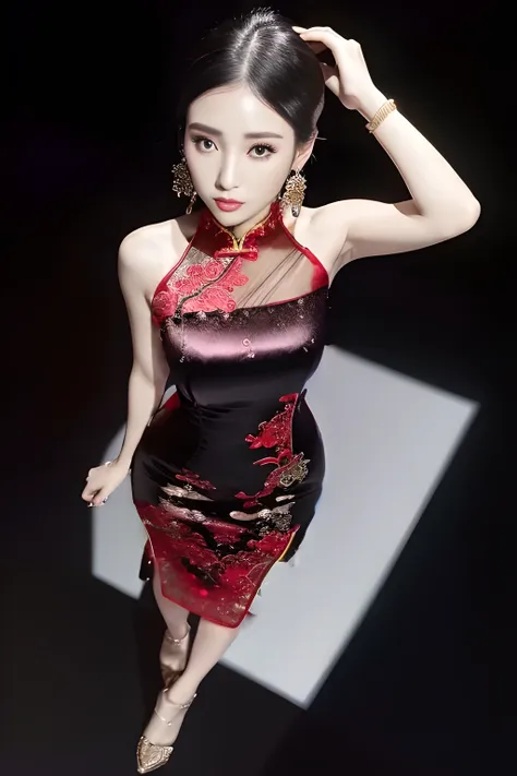 (red), (sexy chinese dress:1.3), (delicate and intricate patterns in many colors), (shiny:1.3. silk texture:1.2,)