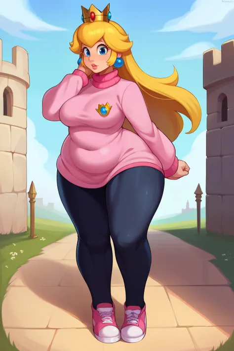 score_9, score_8_up, score_7_up, BREAK, 1girl, solo, princess peach, full body, pink sweater, black leggings, pink shoes, ((Chubby body)), ((wide hips)), Castle ground