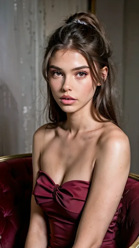 una hermosa, modelo italiana sentada en una silla con un vestido rosa, official valentino editorial, editorial oficial de vuitto...