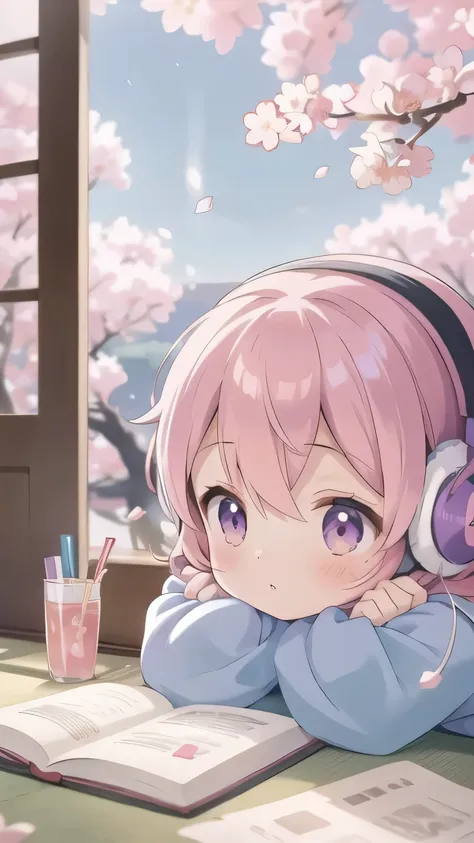 A beautiful girl studying in her room while listening to music with headphones、Outside the warmly lit room, cherry blossoms are blowing wildly.、Japanese anime style