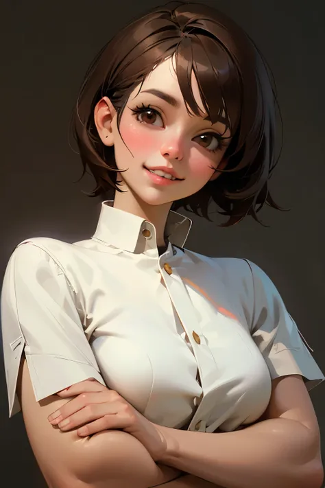 1girl, solo, looking at viewer, smile, short hair, simple background, brown hair, black hair, brown eyes, grin, lips, head tilt, crossed arms, realistic, super details, epic work, ultra high definition, high quality, 32k