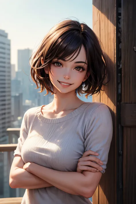 1girl, solo, looking at viewer, smile, short hair, simple background, brown hair, black hair, brown eyes, grin, lips, head tilt, crossed arms, realistic, super details, epic work, ultra high definition, high quality, 32k