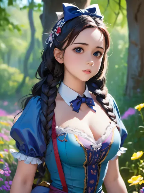 1girl, masterpiece, best quality, 8k, detailed skin texture, detailed cloth texture, beautiful detailed face, intricate details, ultra detailed, Alice in Wonderland, (a bow on her head:1.1), upper body