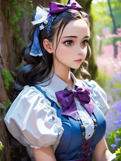 1girl, masterpiece, best quality, 8k, detailed skin texture, detailed cloth texture, beautiful detailed face, intricate details, ultra detailed, Alice in Wonderland, (a bow on her head:1.1), upper body