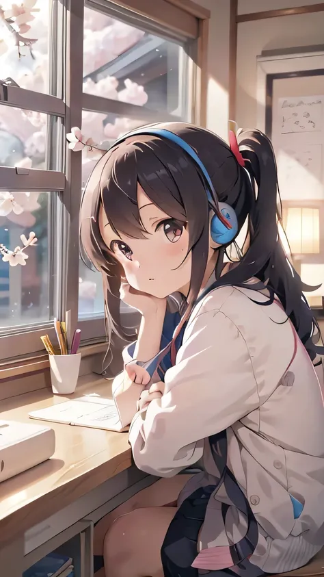 a beautiful girl studying in her room while listening to music with headphones、outside the warmly lit room, cherry blossoms are ...