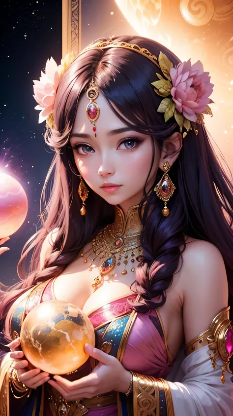 A shining woman adorned with various jewels，A woman is holding a large sphere，Staring straight into the camera， in the center，Very bright color, Light Particles, The light shines, Musibu, Wallpaper Art, UHD Wallpaper,Background pink、Divination for meditati...