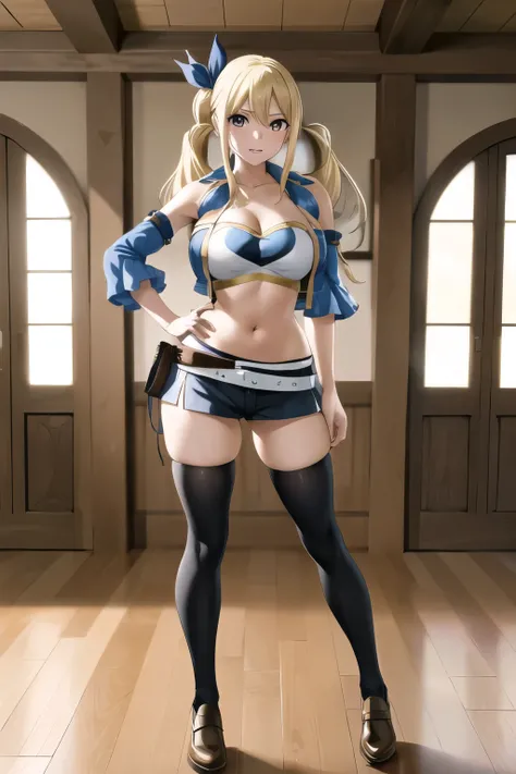 masterpiece, best quality, highres, lucy heartfilia, blonde hair, twintails, large breasts, black thighhighs, detached sleeves, midriff, cropped vest, strapless, belt, black miniskirt, cowboy shot, indoors, standing, full body photo shoot, full body pict 